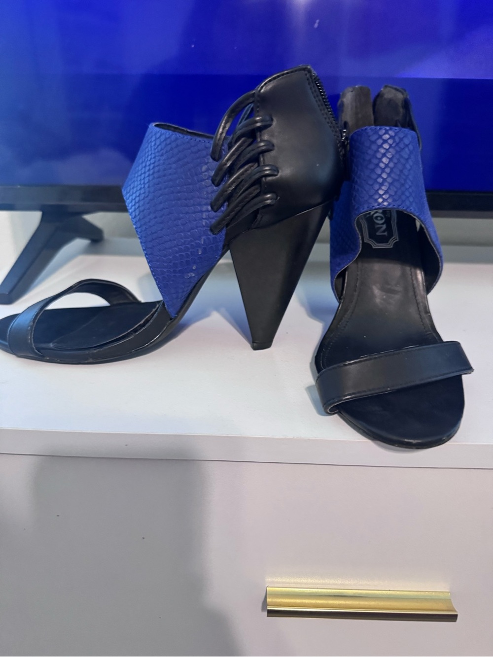 Women’s Blue and Black Lace-Up Open-Toe Heels